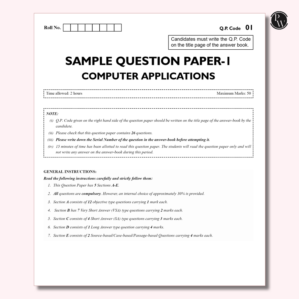PW 15 CBSE Class 10 Computer Applications Sample Paper for 2026 Exam (As Per Latest SQP Dated 30 July 2025) | Mind Maps with 111 Most Probable Questions