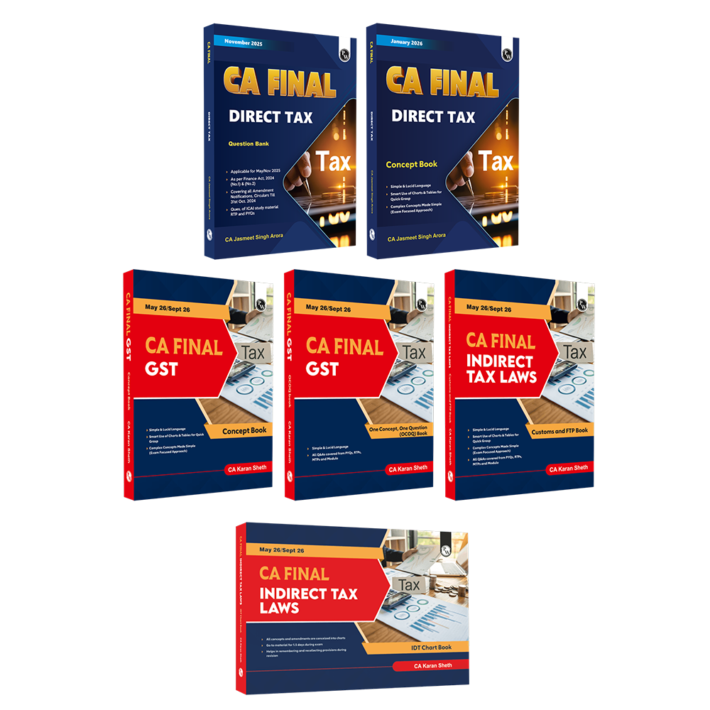 CA Final Group 2 Combo Set of 6 Books-Indirect Tax Laws, GST Concept, Customs, IDT Chart, One Concept, One Question (OCOQ) Q&A By CA Karan Sheth, Direct Tax Concept Book & Question Bank