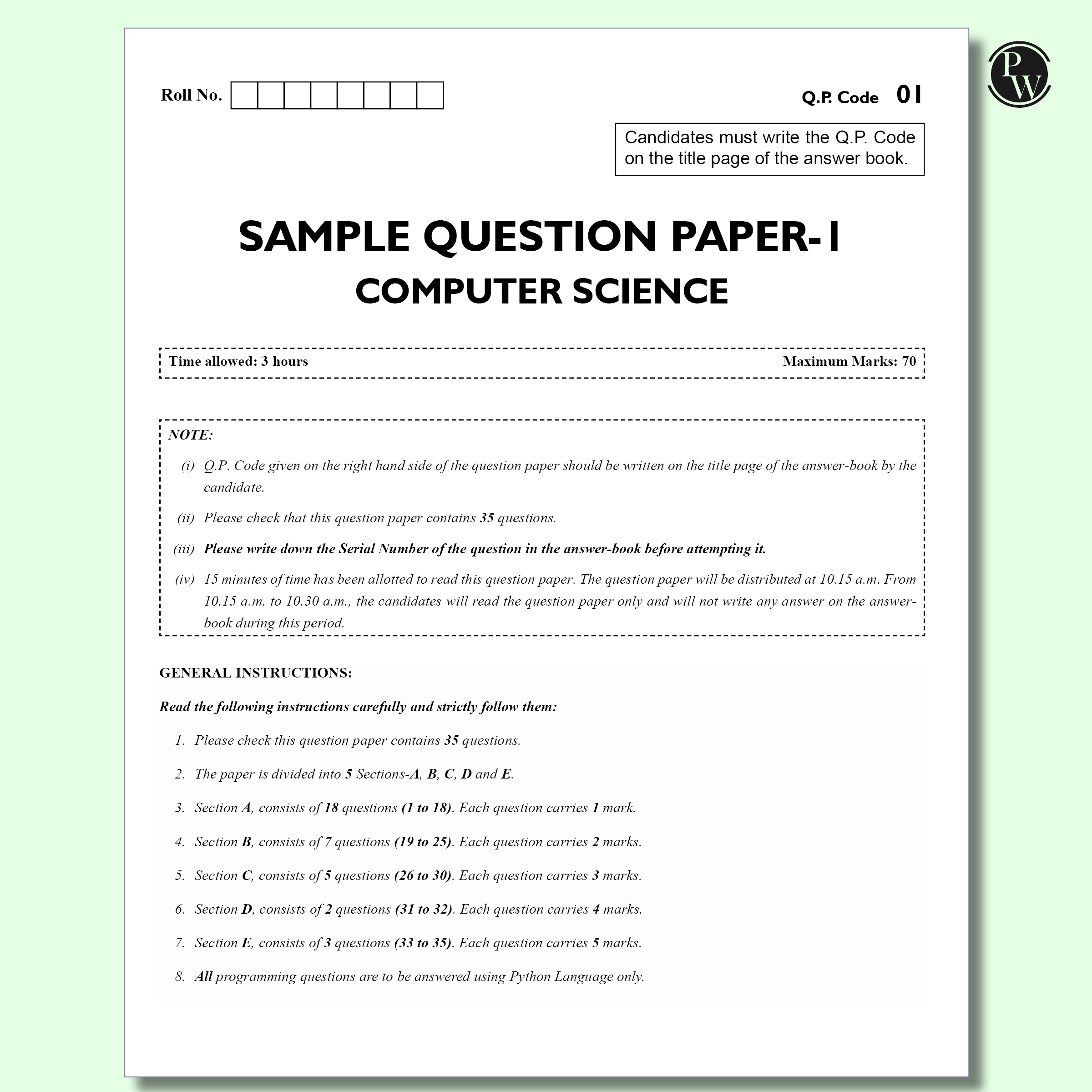 CBSE 12  Sample Question Papers Class 12 Computer Science For 2026 Board Exam (As Per Latest SQP Dated 30 July 2025) | 2024, 2025 Solved Paper, Mind Maps, Stepwise Marking