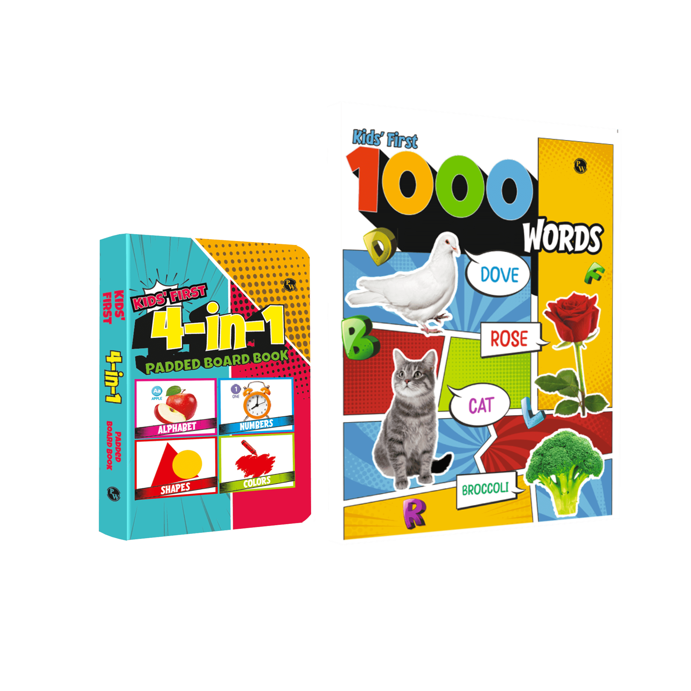 Kids Combo of 2 Books | 4 in 1 Padded Board Book & First 1000 Words For Early Learners, Toddlers l Colors, Shapes, Alphabet, Numbers and Vocabulary Picture books for Children