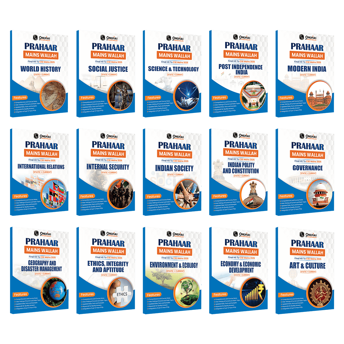 UPSC Prahaar Mains Wallah (Static + Current) Combo Set of 15 Books l Final Hit To CSE Mains 2025 | For Civil Services Examinations