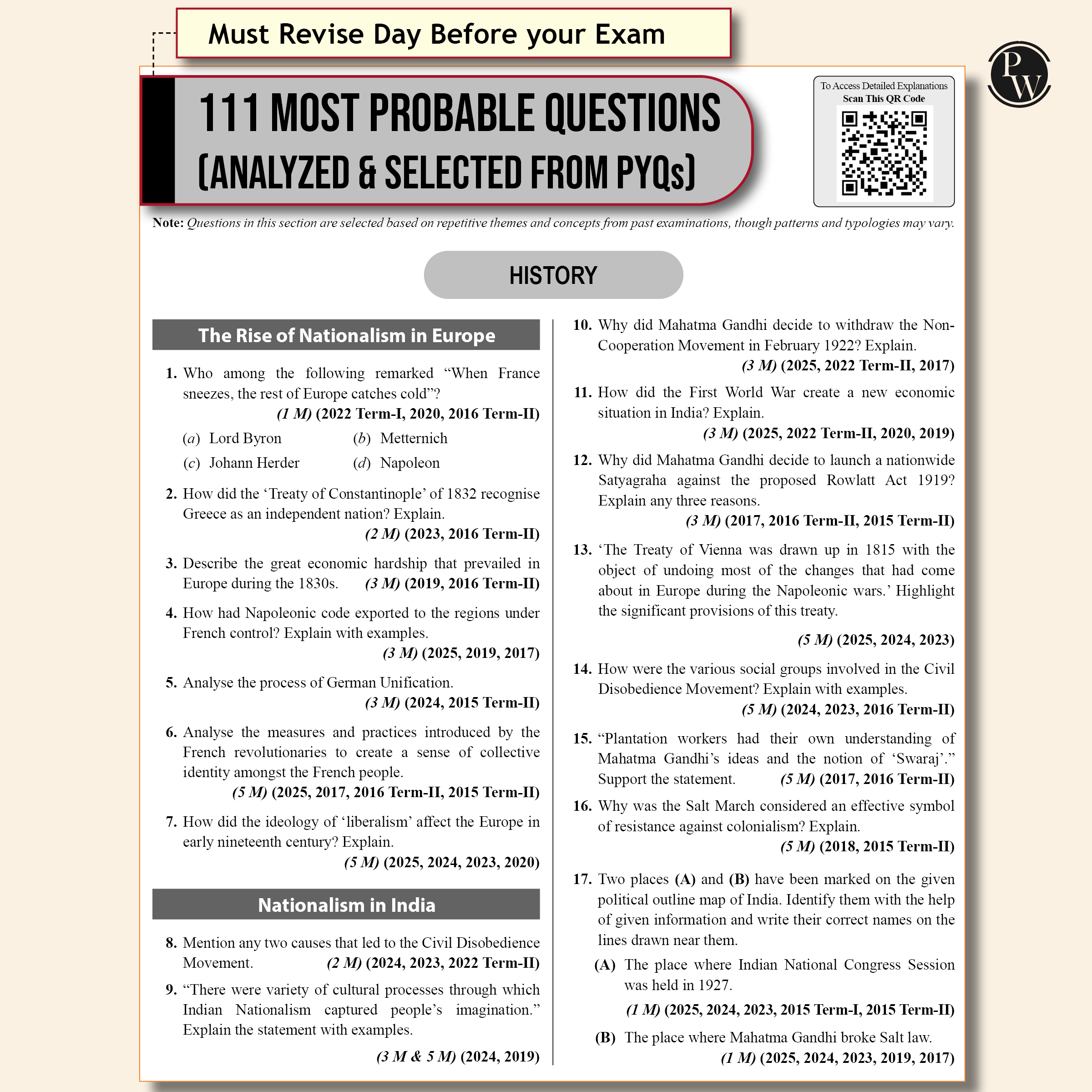PW 15 CBSE Sample Paper Class 10 Social Science for 2026 Exam (As Per Latest SQP Dated 30 July 2025) | Mind Maps with 111 Most Probable Questions
