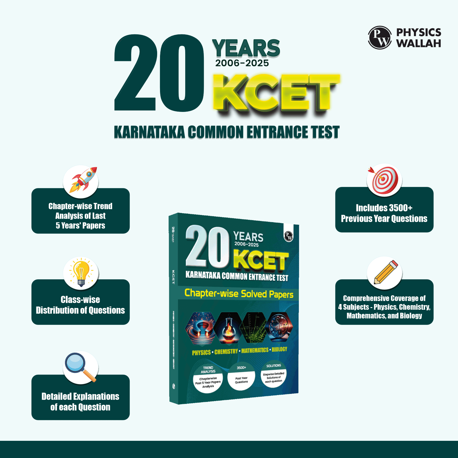 20 Years Karnataka CET Chapterwise Solved Papers (2006 - 2025) | Physics, Chemistry, Mathematics and Biology | KCET PYQ Book For Engineering Exam 2026