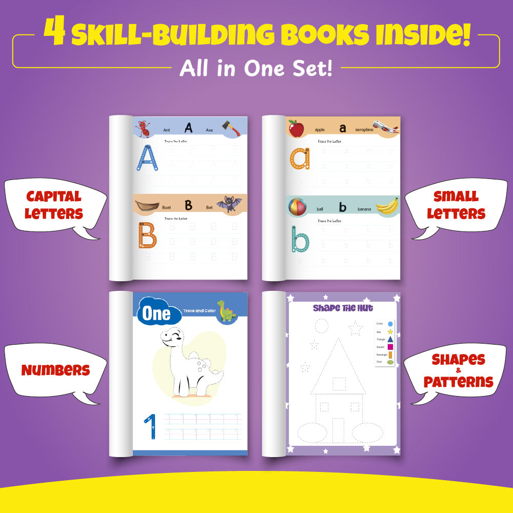 Kids Writing Time Pencil Control and Patterns Set of 4 Books l Capital Letters, Small Letters, Numbers, Patterns and Shapes Children Ages 1, 2, 3, 4, 5 Years