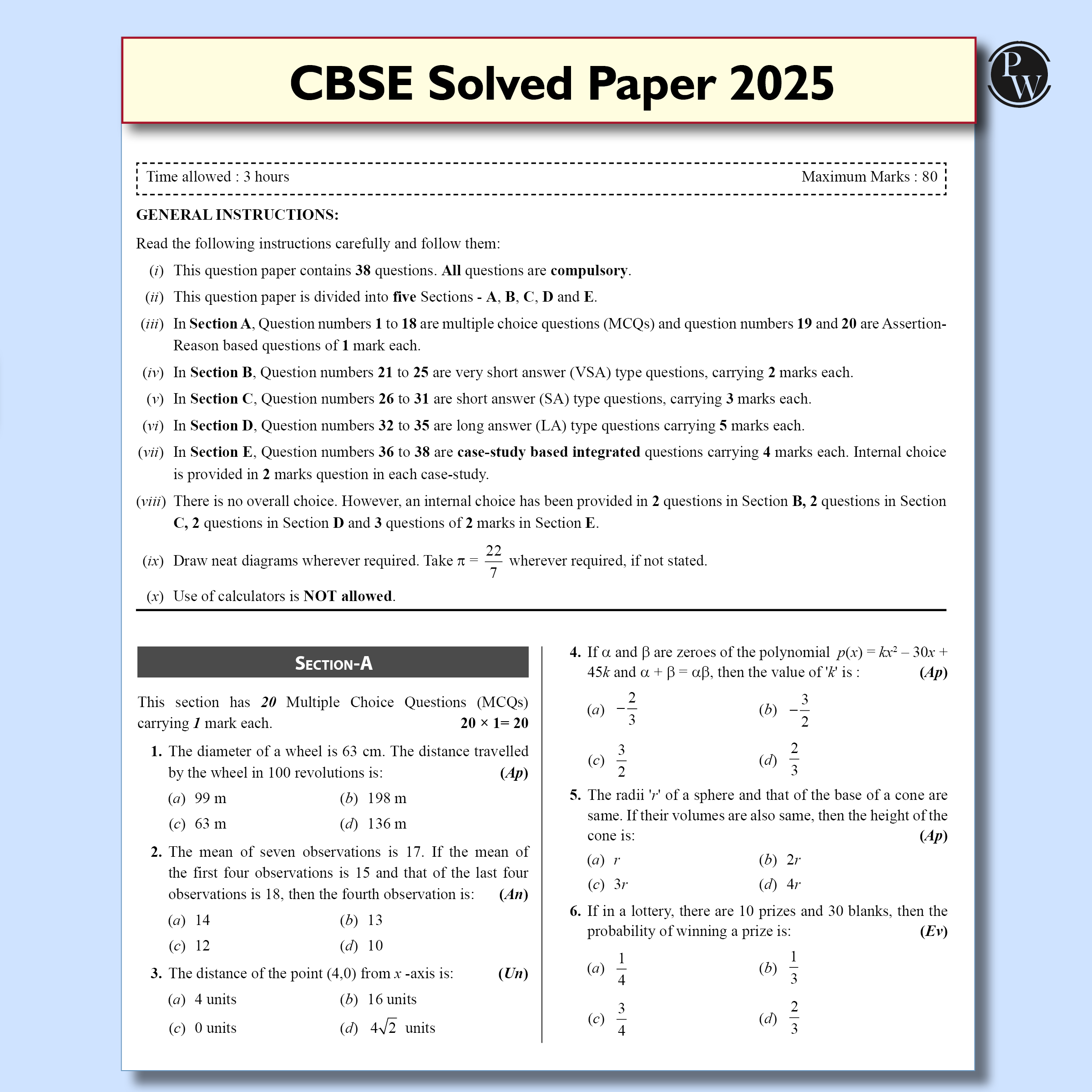 PW 15 CBSE Sample Paper Class 10 Maths Standard for 2026 Exam (As Per Latest SQP Dated 30 July 2025) | Mind Maps with 111 Most Probable Questions