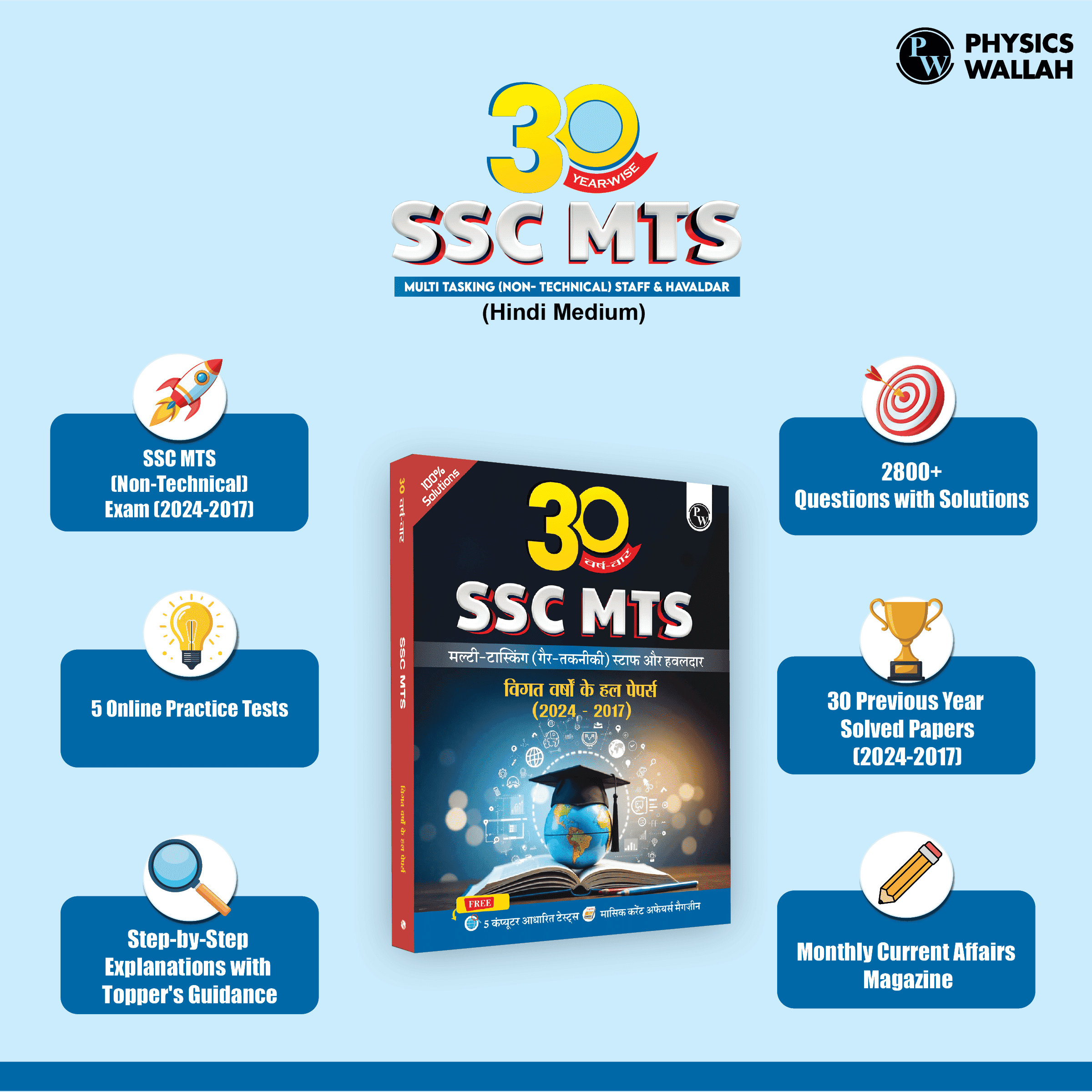 30 SSC MTS Multi Tasking (Non-Technical) Staff and Havaldar Previous Solved Papers (2024 -2017) with 5 Online Mock Tests For Exam 2025-26