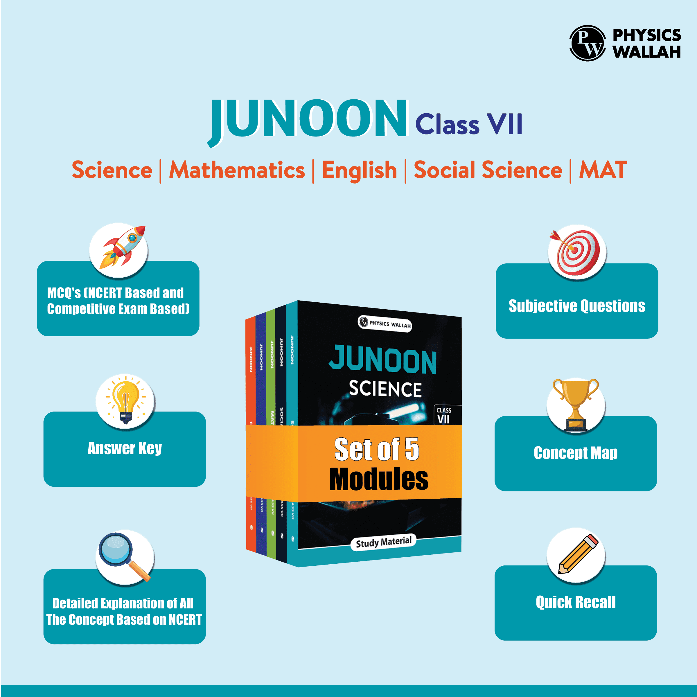 Junoon For Class 7 Science, Mathematics, Social Science, English, MAT Combo Set of 5 Books (2025 Edition)