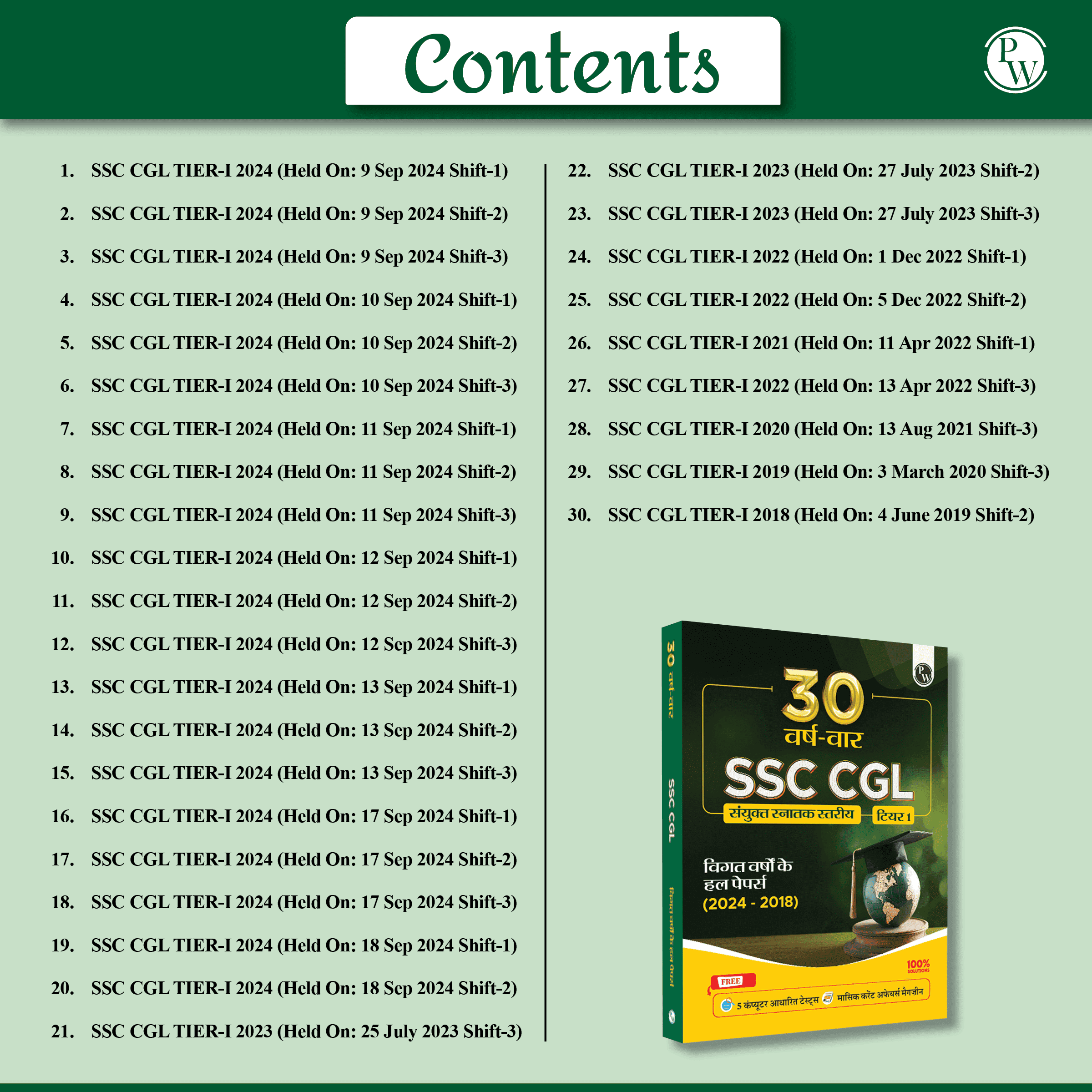 30 SSC CGL (Combined Graduate Level) Tier 1 Previous Year Solved Papers (2018-2024) with 5 Online Mock Tests For Exam 2025-2026 | Yearwise PYQs | Fully Solved | Hindi Edition