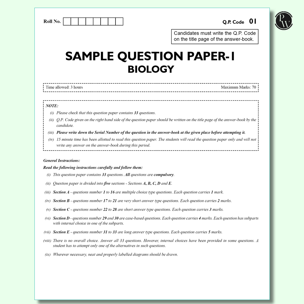CBSE 12 Sample Question Papers Class 12 Biology For 2026 Board Exam (As Per Latest SQP Dated 30 July 2025) | 2025 Solved Paper, Mind Maps, Stepwise Marking
