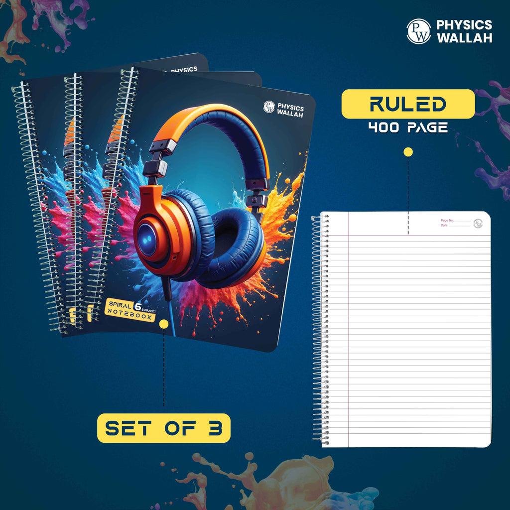 Physics Wallah 400 Pages Notebook | 6 Subject set of 3 | A4 Ruled | Spiral Binding | Strong Plastic Cover | Ideal for School, College & Exam Preparation