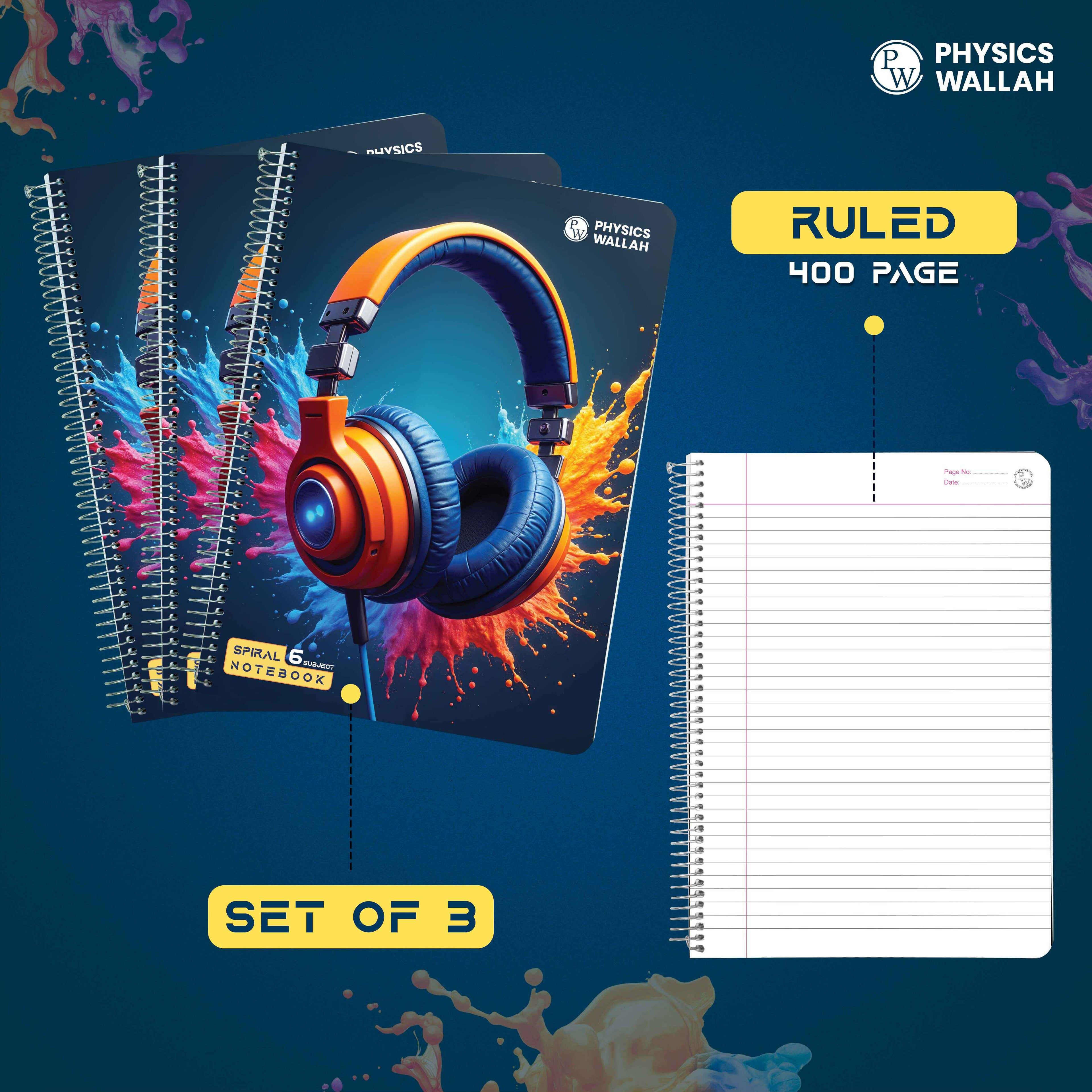 Physics Wallah 400 Pages Notebook | 6 Subject set of 3 | A4 Ruled | Spiral Binding | Strong Plastic Cover | Ideal for School, College & Exam Preparation