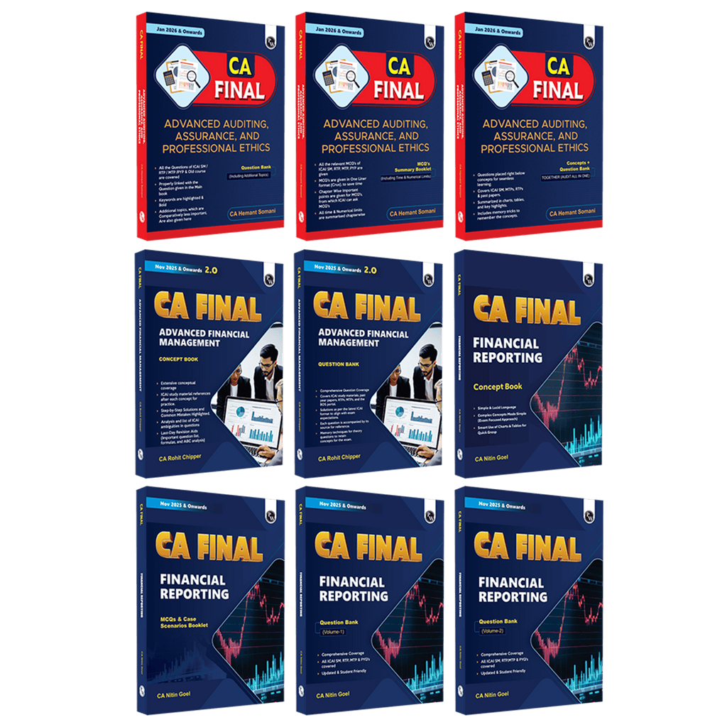 CA Final Group 1 Combo of 9 Books-Financial Reporting By CA Nitin Goel, Advanced Auditing, Assurance & Professional Ethics By Hemant Somani, Advanced Financial Management By CA Rohit Chipper