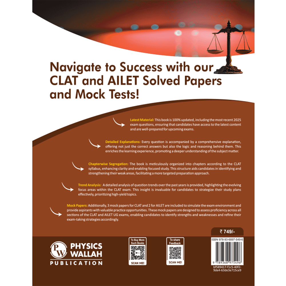 CLAT & AILET 12 Previous Years Solved Papers (2020-2025) Sectionwise and Chapterwise with 5 Mock Tests For 2025 Exam