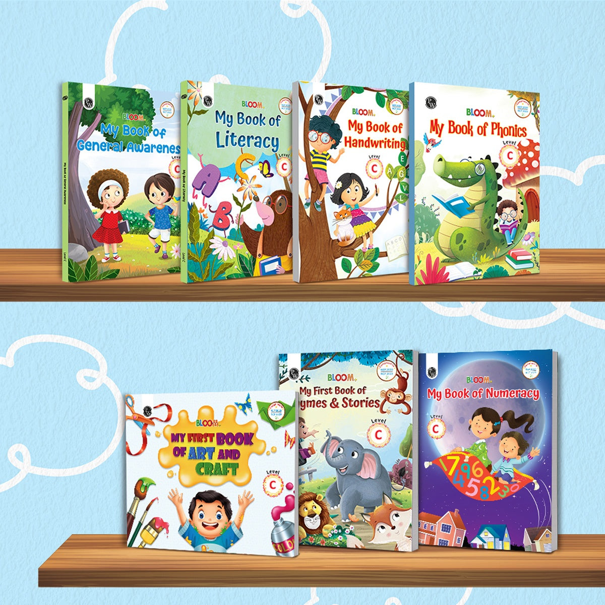 Bloom Series For UKG (Level C) Set of 9 Books | Phonics, Literacy, Numeracy, Art & Craft, Handwriting, General Awareness, English Rhymes & Stories