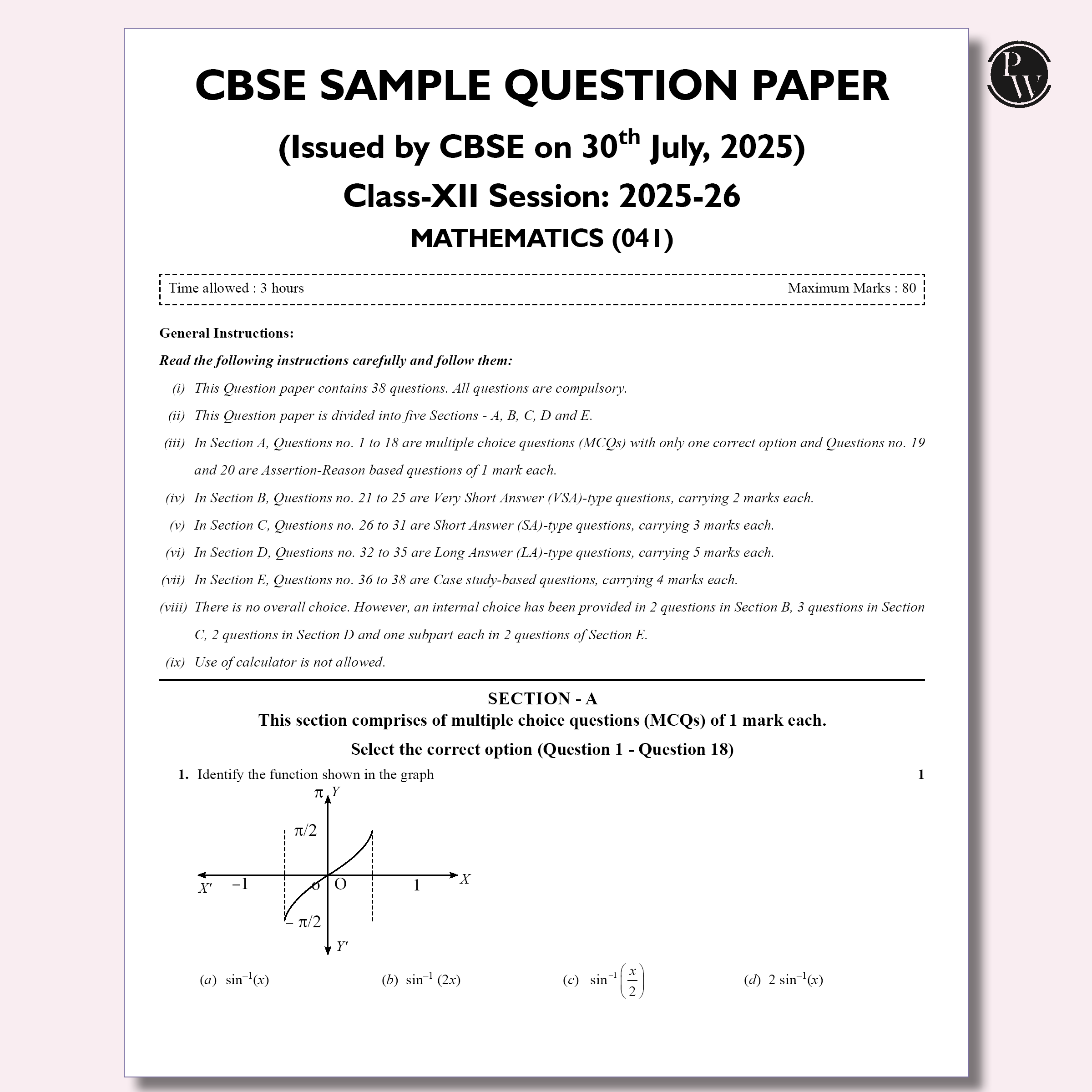 CBSE 12 Sample Question Papers Class 12 Mathematics For 2026 Board Exam (As Per Latest SQP Dated 30 July 2025) | 2025 Solved Paper, Mind Maps, Stepwise Marking
