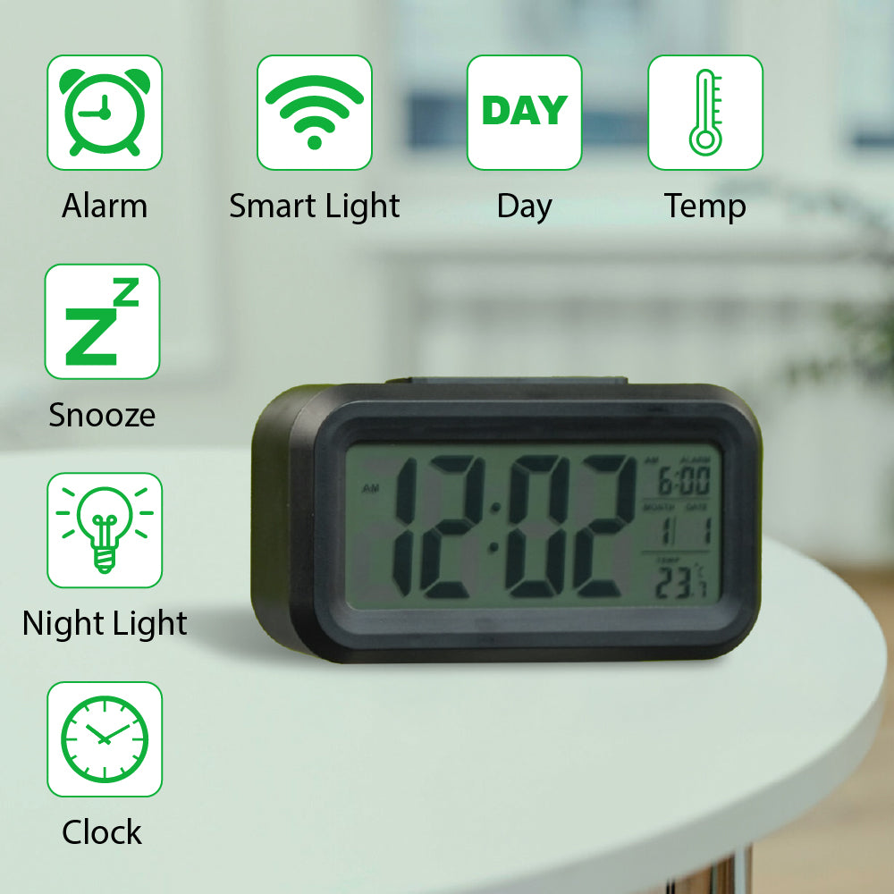 Alarm Clock with Automatic Sensor, Date and Temperature Display, Table Clock for Students, Home, Office, Corporate Use (Black Digital)