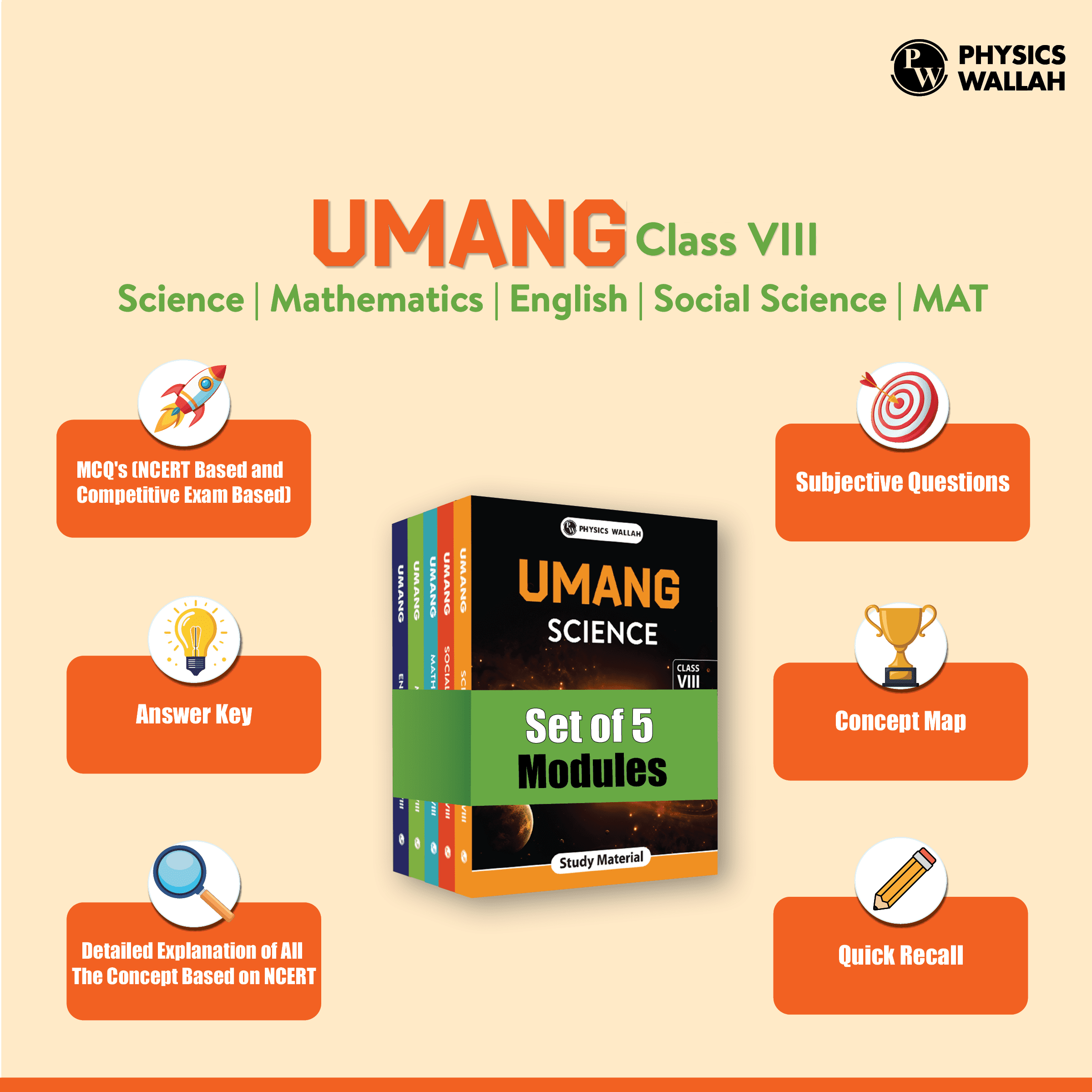 Umang For Class 8 Mathematics, Science, MAT, Social Studies and English Combo Set of 5 Books (2025 Edition)