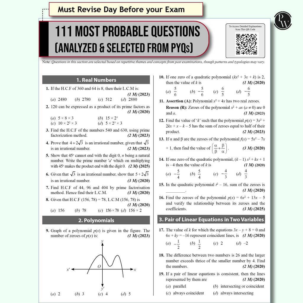 PW 15 CBSE Class 10 Maths Basic Sample Paper for 2026 Board Exam (As Per Latest SQP Dated 30 July 2025) | Mind Maps with 111 Most Probable Questions