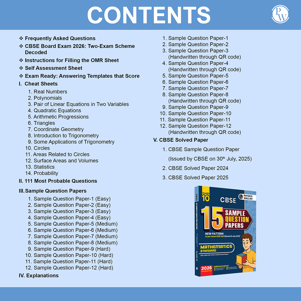 PW 15 CBSE Sample Paper Class 10 Maths Standard for 2026 Exam (As Per Latest SQP Dated 30 July 2025) | Mind Maps with 111 Most Probable Questions