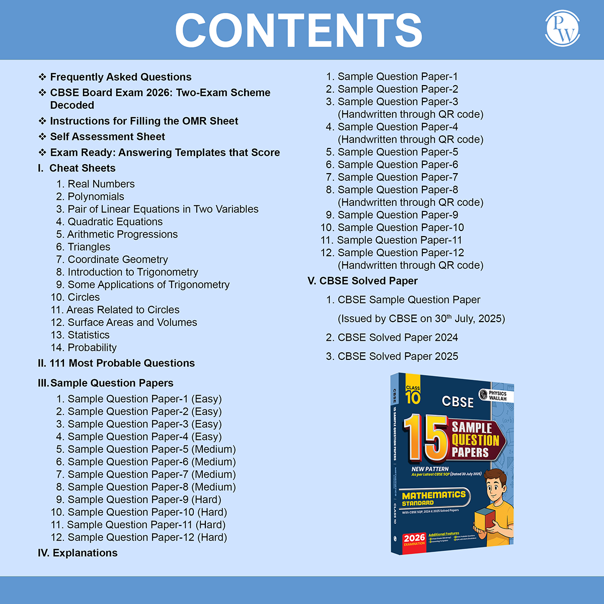 PW 15 CBSE Sample Paper Class 10 Maths Standard for 2026 Exam (As Per Latest SQP Dated 30 July 2025) | Mind Maps with 111 Most Probable Questions