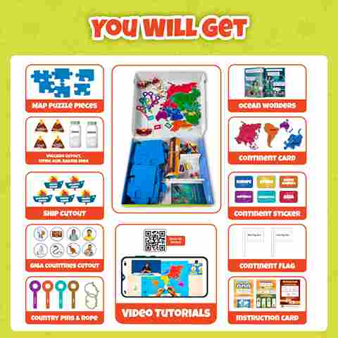 World Map Puzzle Kit for Kids | Learn Continents, Oceans, Top 10 Largest Countries & Volcanoes | Interactive STEM Geography Toy with 200+ Facts, DIY Volcano Experiment, Flags, Cutouts & More – Age 8+