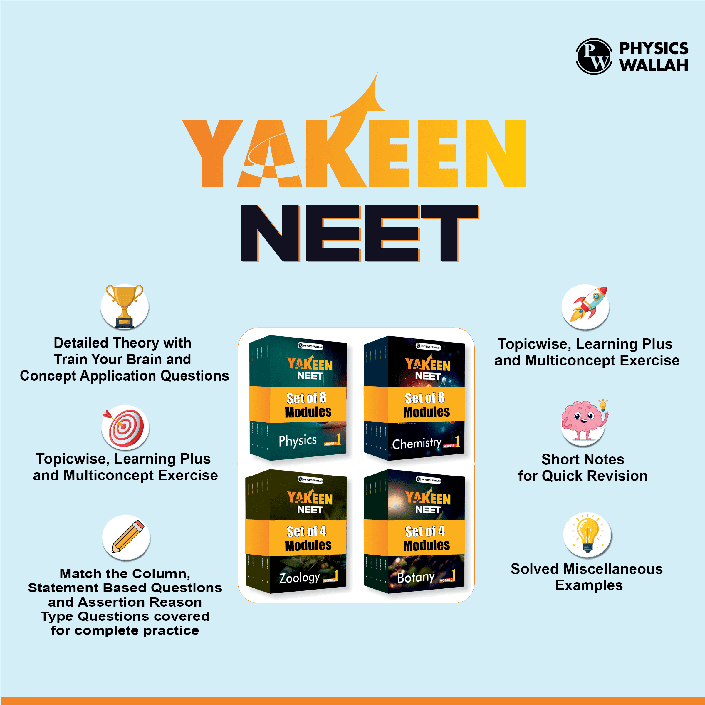Yakeen For NEET Droppers Physics, Chemistry, Botany and Zoology Modules with Solutions & 30 OMR Sheets Combo Set of 24 Books (2025 Edition).