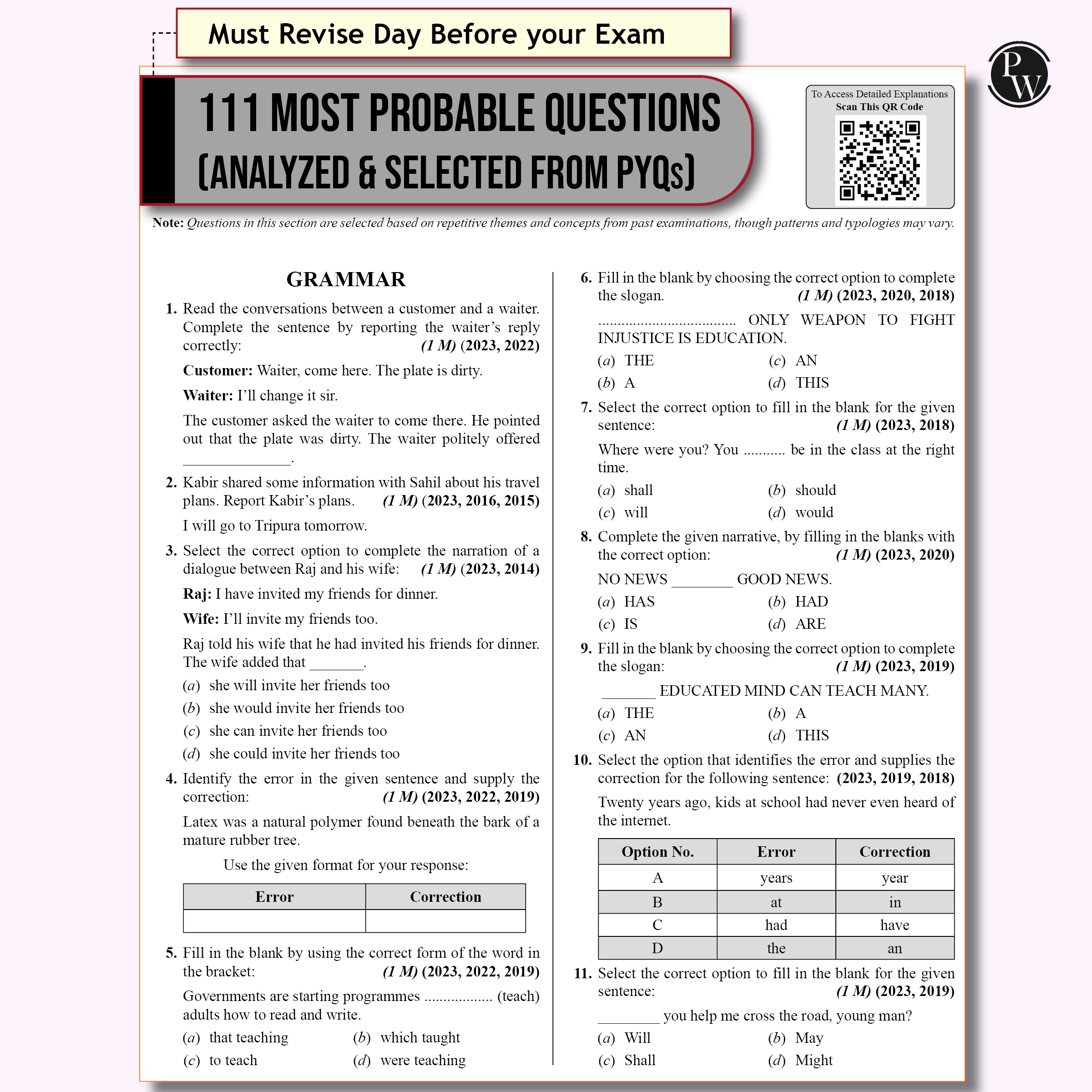 PW 15 CBSE Class 10 Sample Papers English for 2026 Board Exam (As Per Latest SQP Dated 30 July 2025) | Mind Maps with 111 Most Probable Questions