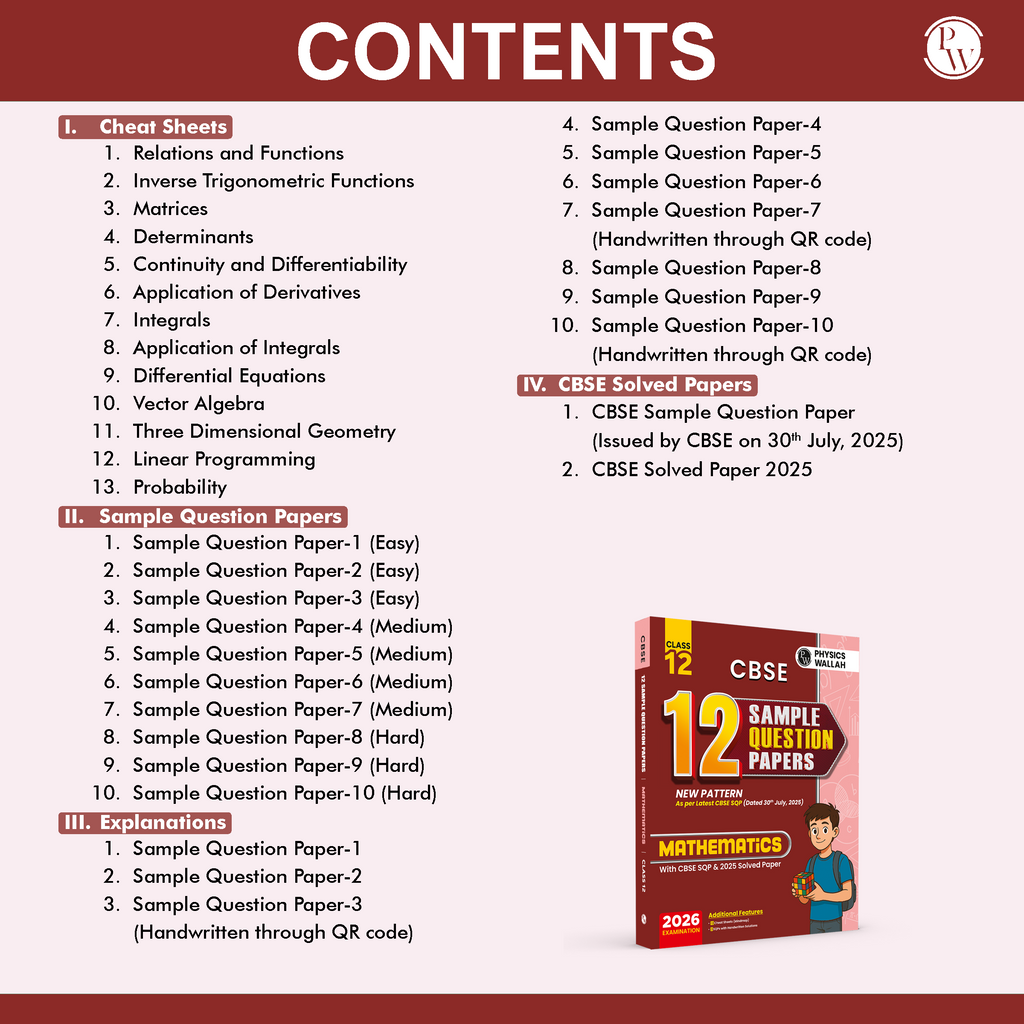 CBSE 12 Sample Question Papers Class 12 Mathematics For 2026 Board Exam (As Per Latest SQP Dated 30 July 2025) | 2025 Solved Paper, Mind Maps, Stepwise Marking