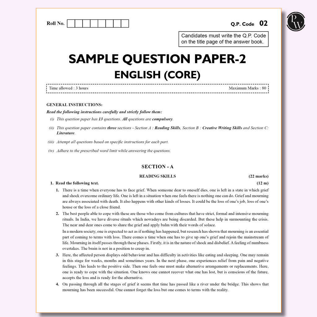 CBSE 12 Sample Question Papers Class 12 English Core For 2026 Board Exam (As Per Latest SQP Dated 30 July 2025) | 2025 Solved Paper, Mind Maps, Stepwise Marking