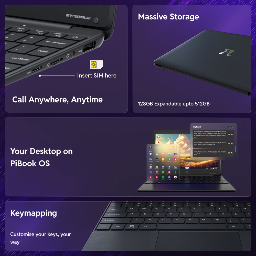 PiBook: 4G, Wifi, 6GB/128GB, 11.6-Inch HD display Android Laptop (Expandable to 512 GB)