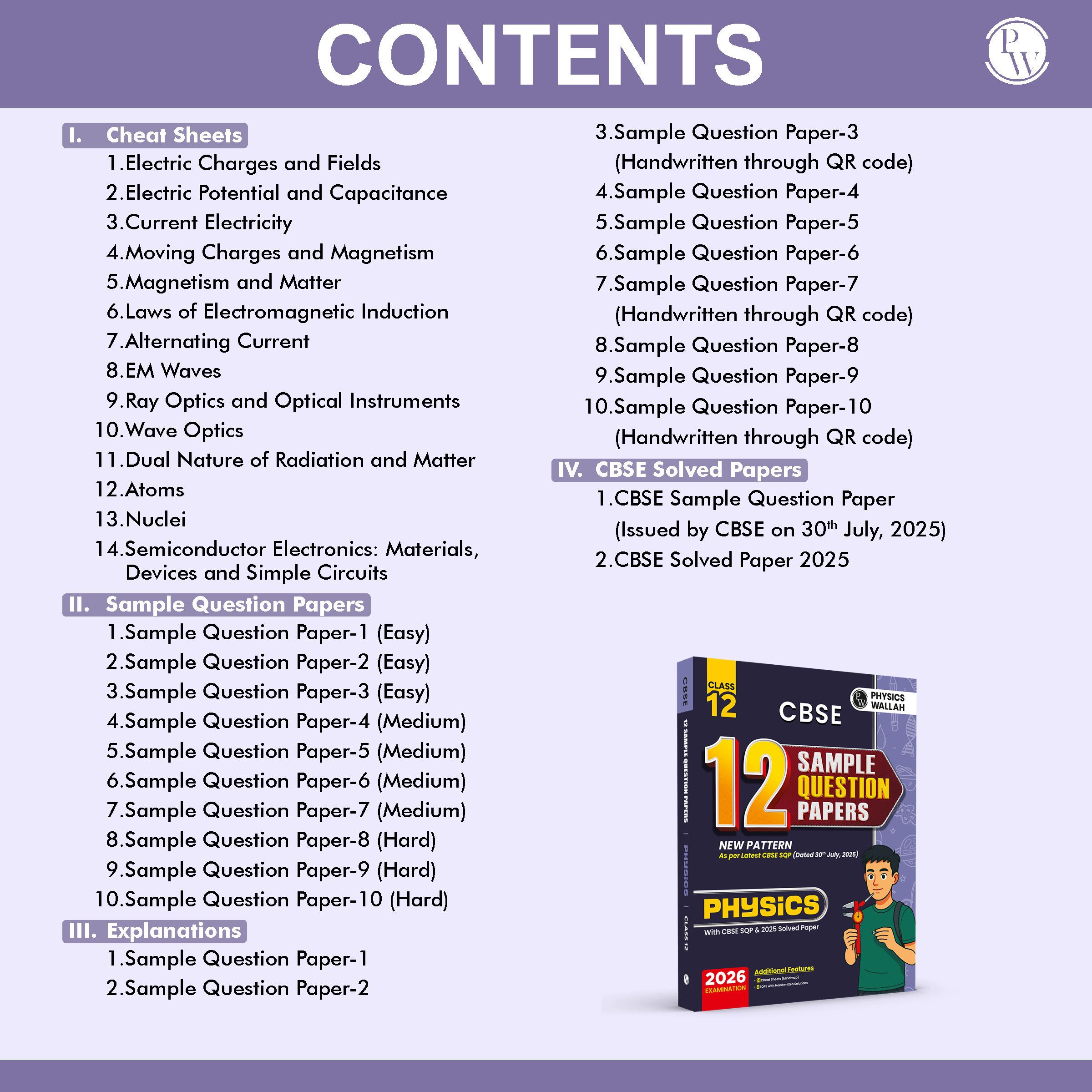 CBSE 12 Sample Question Papers Class 12 Physics For 2026 Board Exam (As Per Latest SQP Dated 30 July 2025) | 2025 Solved Paper, Mind Maps, Stepwise Marking