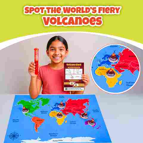 World Map Puzzle Kit for Kids | Learn Continents, Oceans, Top 10 Largest Countries & Volcanoes | Interactive STEM Geography Toy with 200+ Facts, DIY Volcano Experiment, Flags, Cutouts & More – Age 8+