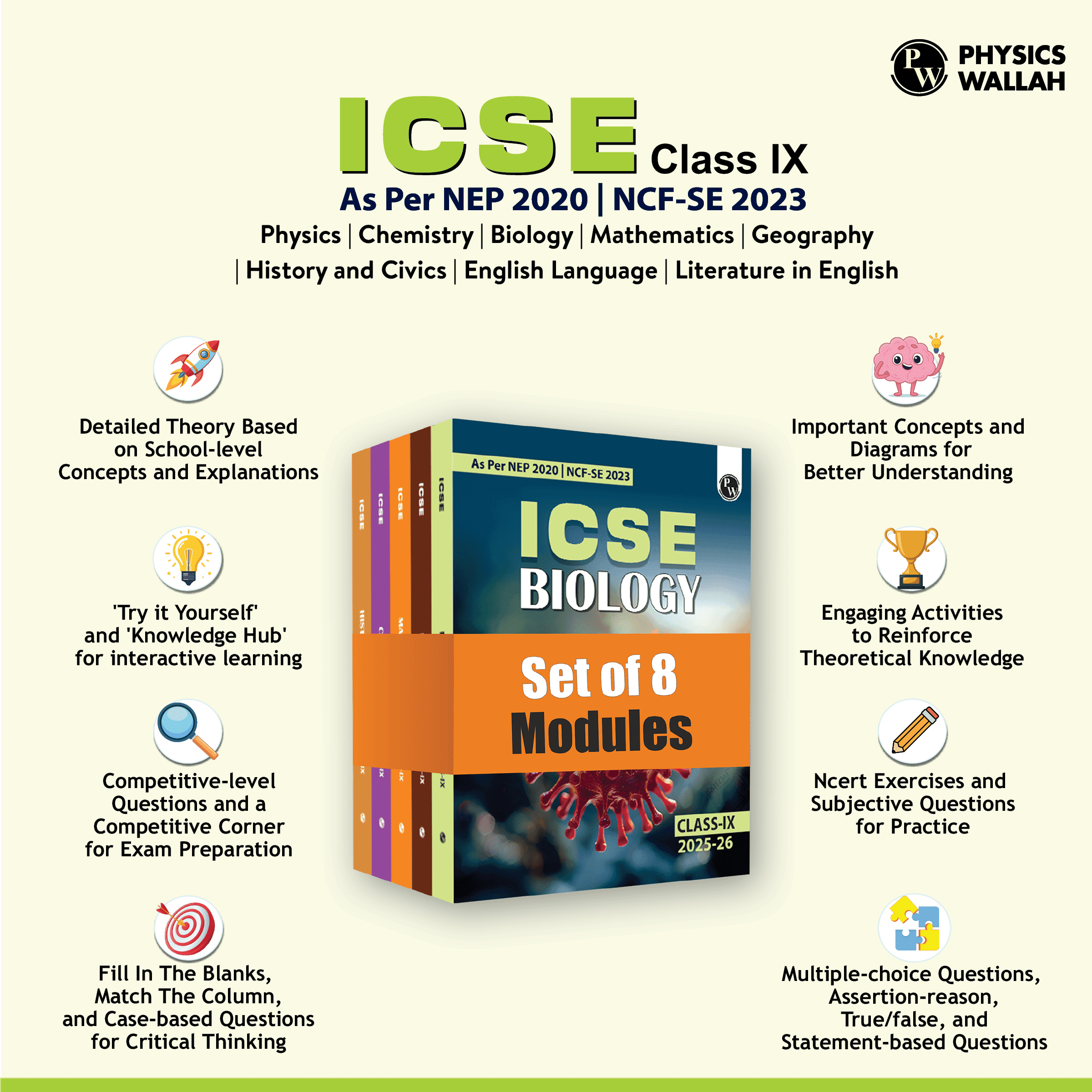 ICSE Class 9 Mathematics, Physics, Chemistry, Biology, Geography, History and Civics, English Langauge Paper 1 & 2 Combo Set of 8 Books (2025 Edition)