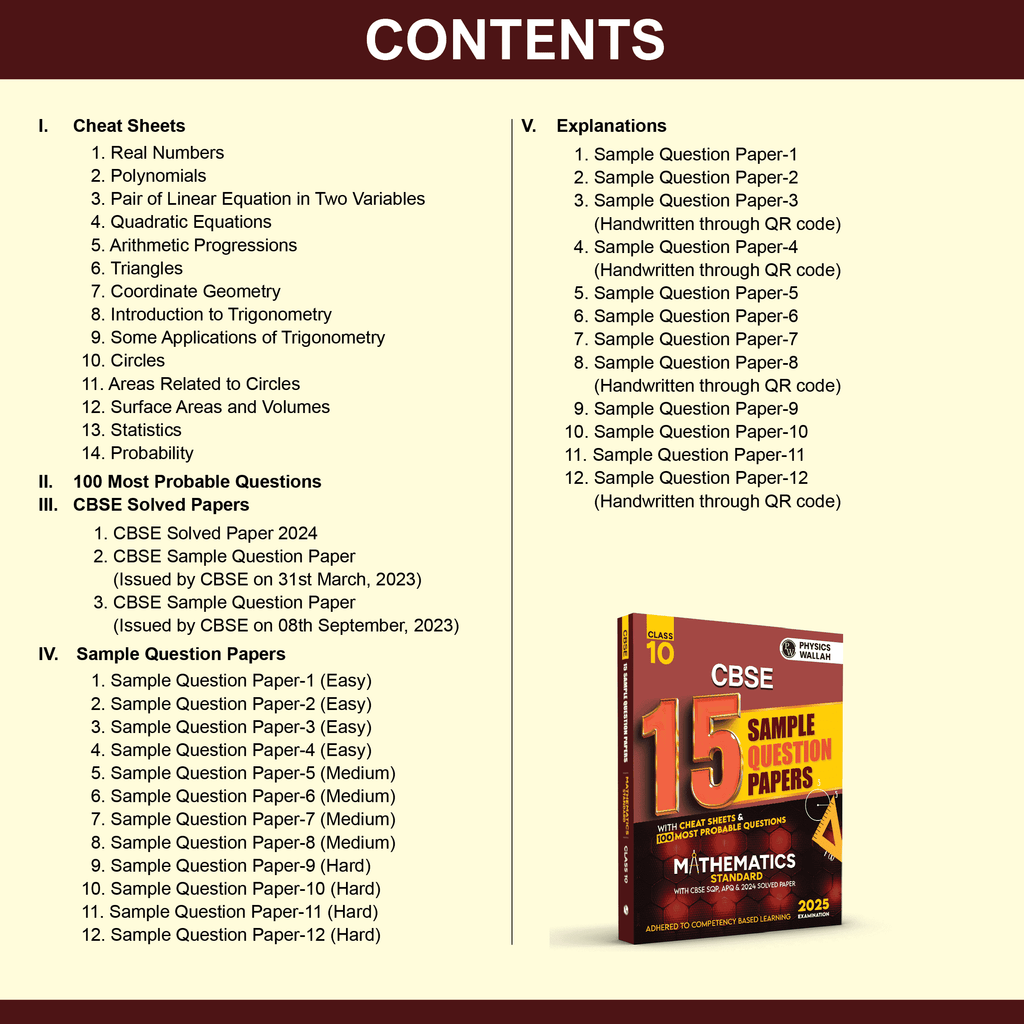 CBSE 15 New Pattern Sample Question Papers Class 10 Mathematics (Standard Maths) For 2025 Exam with 50 Percent Competency Based Questions 100 Most Probable Questions
