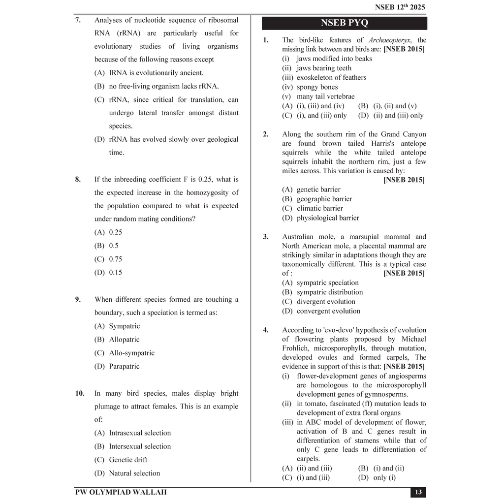 Olympiad Wallah NSEB Class 12 Advanced Biology (Part 2) For Biology Olympiad 2025 | Practice Questions, PYQ, Detailed Solutions | Ideal For INBO & IBO