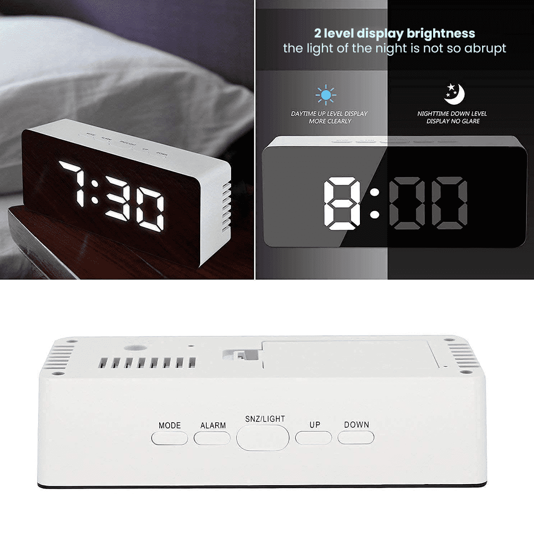 Digital Alarm Clock Table Clock for Students, Home, Office, Bedside Smart Timepiece for Heavy Sleepers, Automatic Sensor,Time,Date &Temperature, Alarm Clock for Bedroom 5 (MIROR Clock)