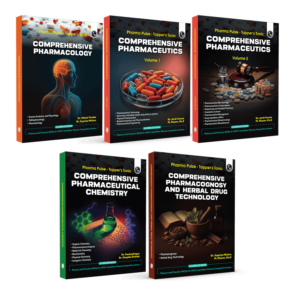 Pharma Pulse – Topper’s Tonic Comprehensive Pharmaceutical Chemistry, Pharmaceutics Vol 1 & Vol 2, Pharmacology, Pharmacognosy and Herbal Drug Technology Combo Set of 5 Books