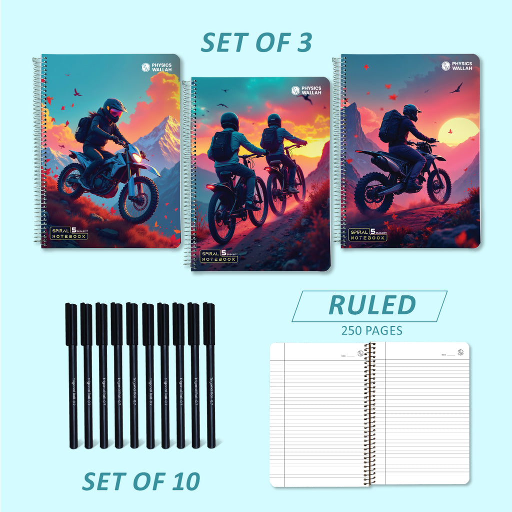 Writing Kit for School and Exam Prepration – Notebooks 250 pages and Ball Pens