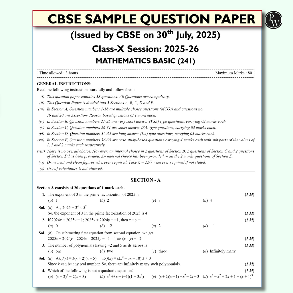 PW 15 CBSE Class 10 Maths Basic Sample Paper for 2026 Board Exam (As Per Latest SQP Dated 30 July 2025) | Mind Maps with 111 Most Probable Questions