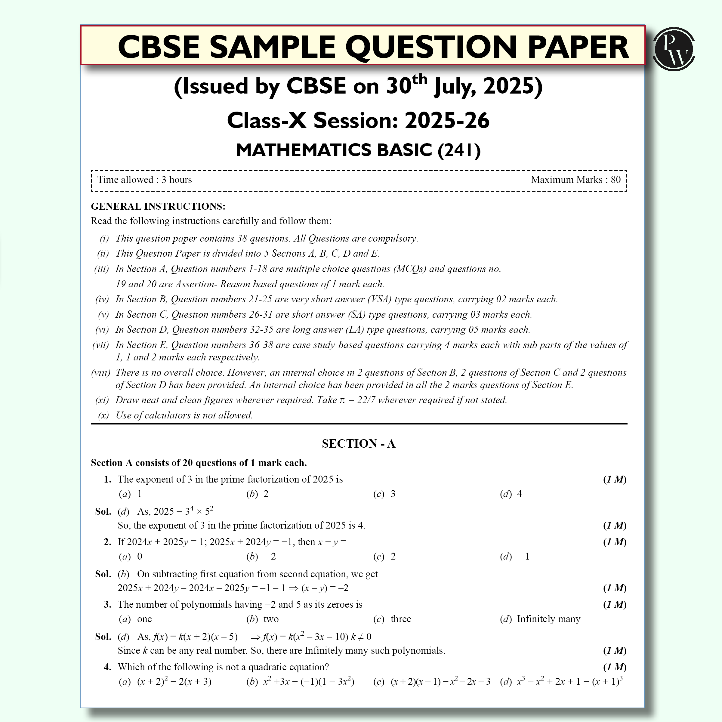 PW 15 CBSE Class 10 Maths Basic Sample Paper for 2026 Board Exam (As Per Latest SQP Dated 30 July 2025) | Mind Maps with 111 Most Probable Questions