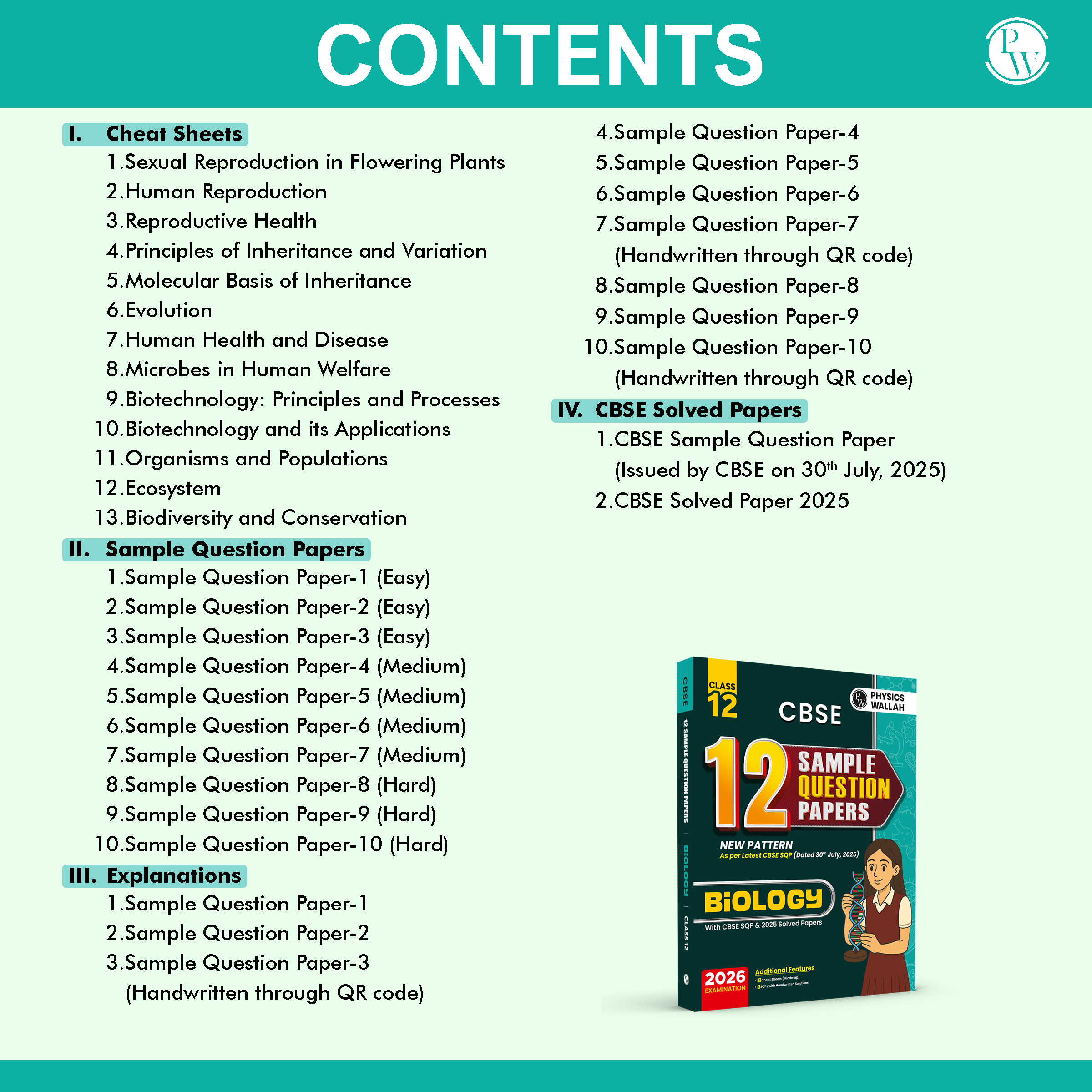 CBSE 12 Sample Question Papers Class 12 Biology For 2026 Board Exam (As Per Latest SQP Dated 30 July 2025) | 2025 Solved Paper, Mind Maps, Stepwise Marking