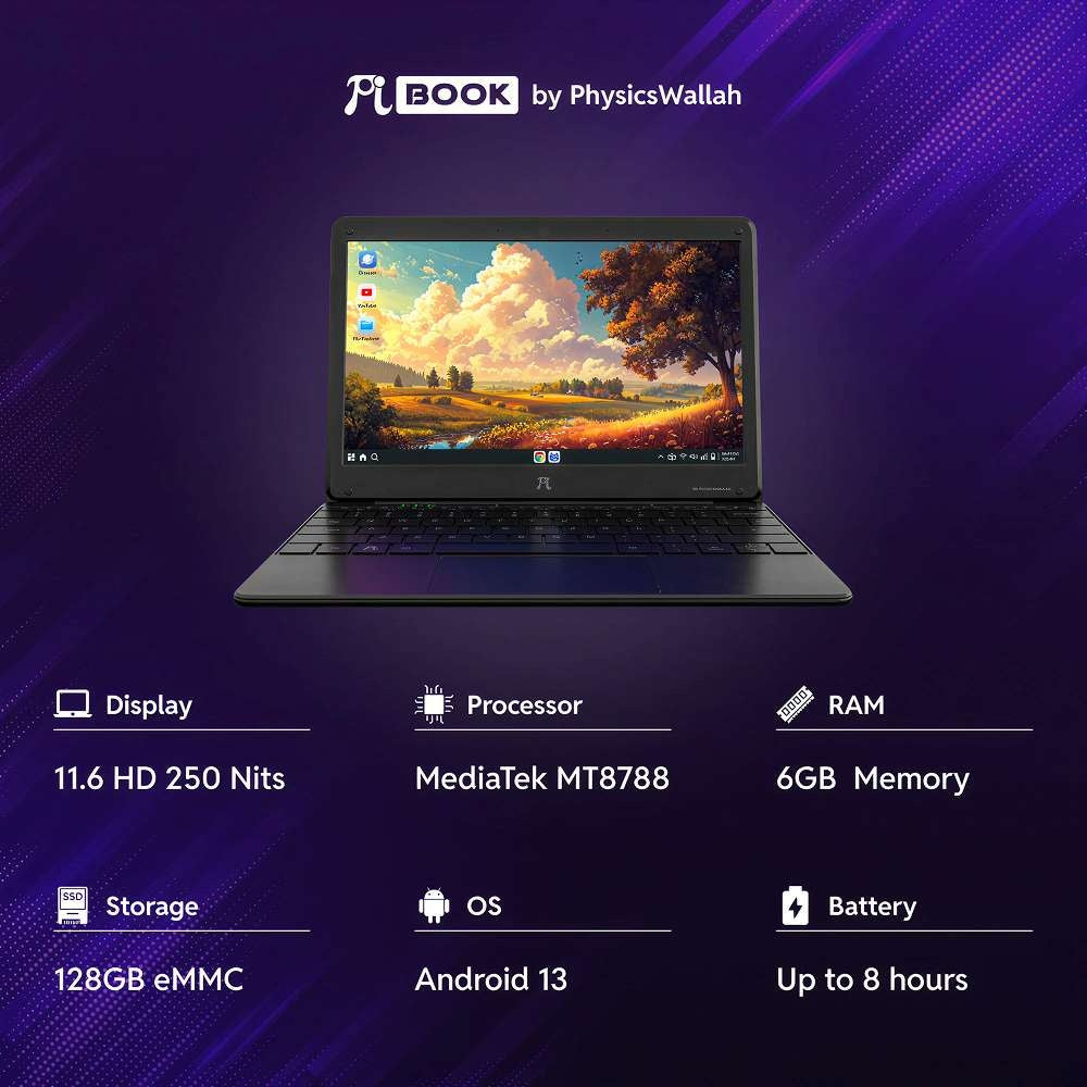 PiBook: 4G, Wifi, 6GB/128GB, 11.6-Inch HD display Android Laptop (Expandable to 512 GB)