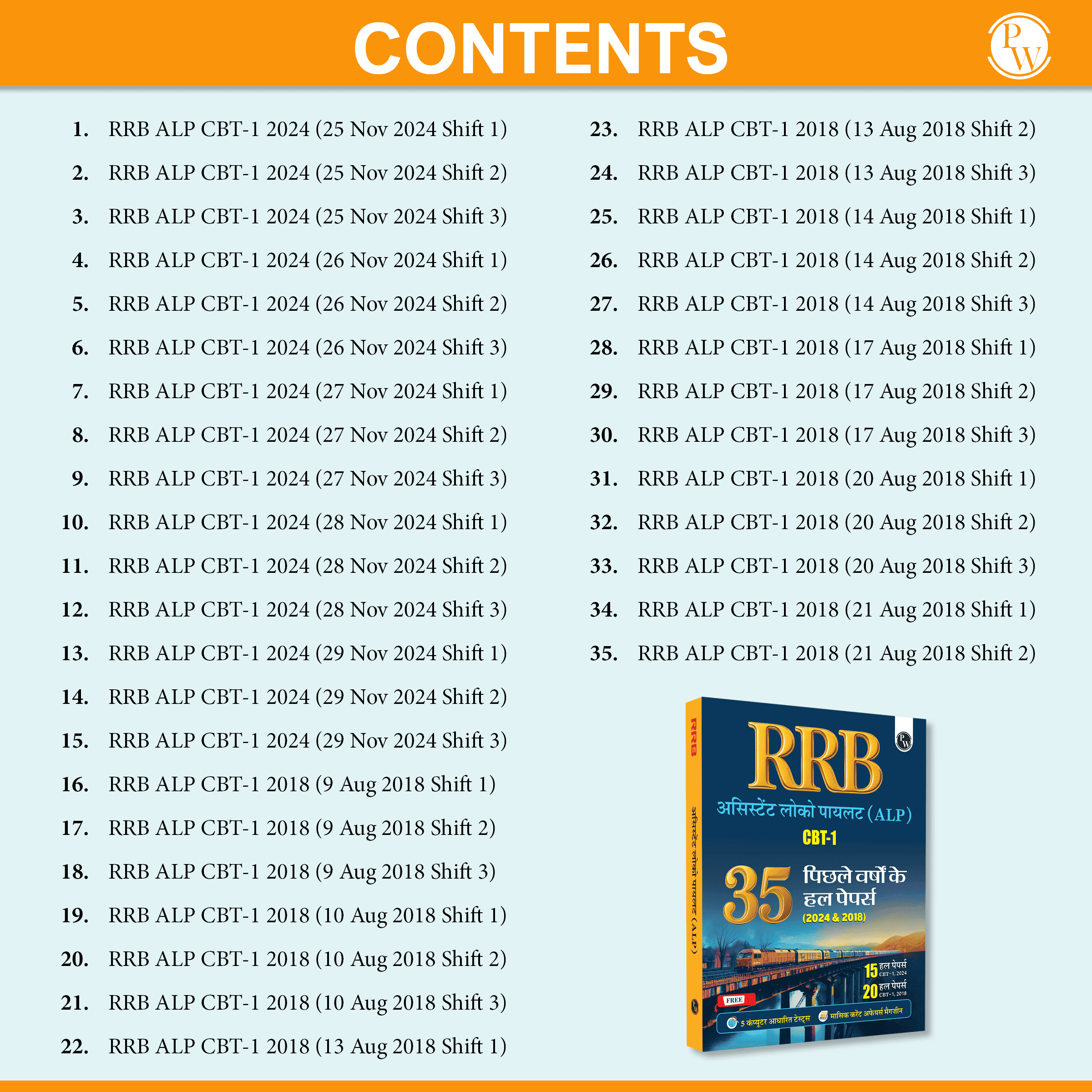 35 RRB Assistant Loco Pilot (ALP) CBT-1 Previous Year Solved Papers (2024 & 2018) with 5 Online Mock Tests For Exam 2025-2026 | Fully Solved PYQ | Hindi Edition