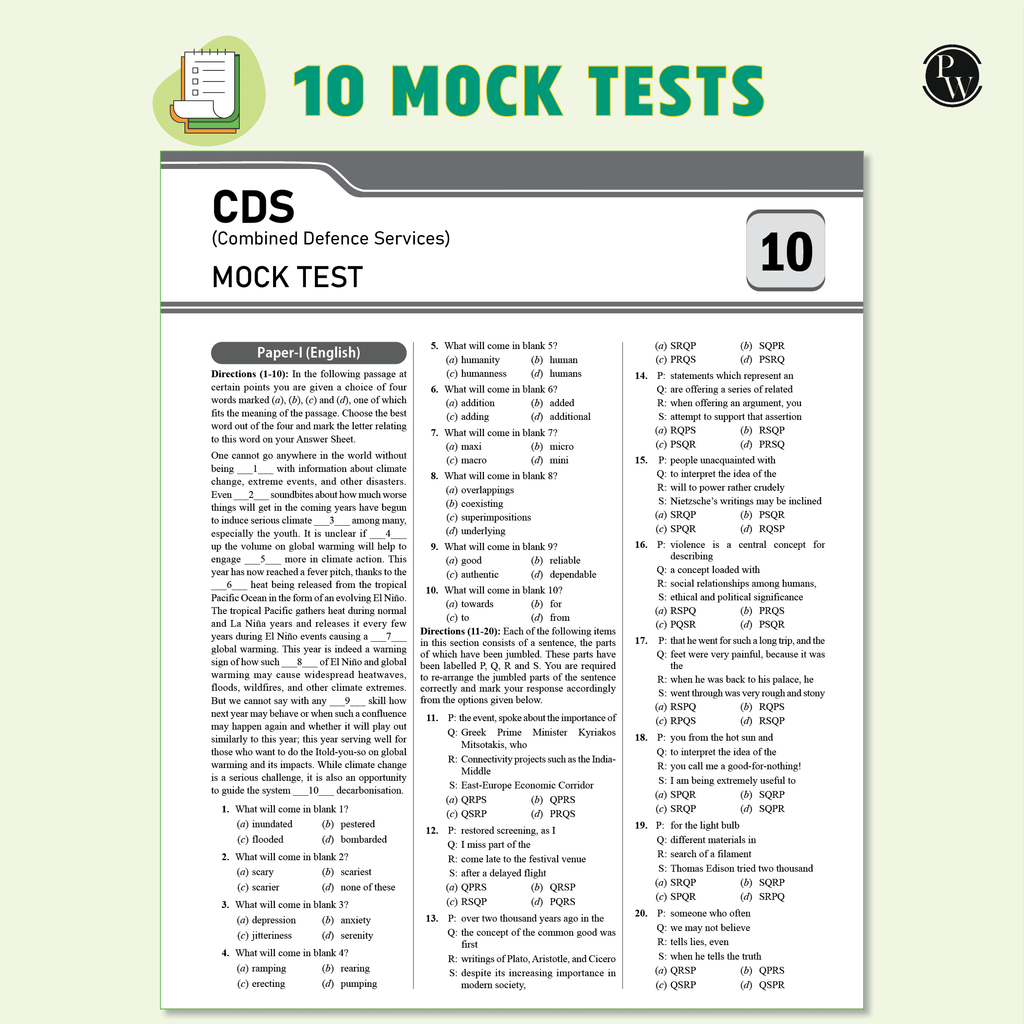 CDS Combined Defence Services 10 Previous Year Solved Papers (2025 - 2020) & 10 Mock Tests with 15 OMR Sheets (English, General Knowledge and Mathematics) For CDS Exam 2025-2026