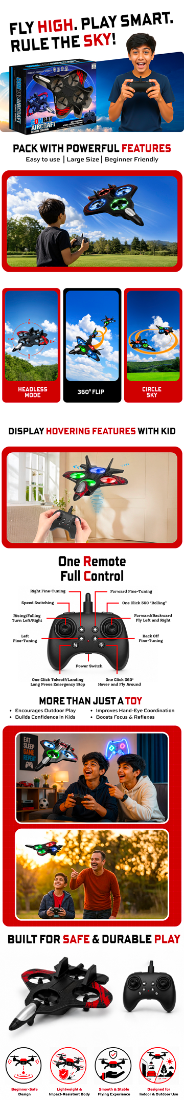 Remote Control RC Plane for Beginners, 360Â° Flip Hovering Stunt Fighter Jet Toy with Lights, Glider Combat Aircraft for Kids, Birthday/Return Gift for Boys & Girls