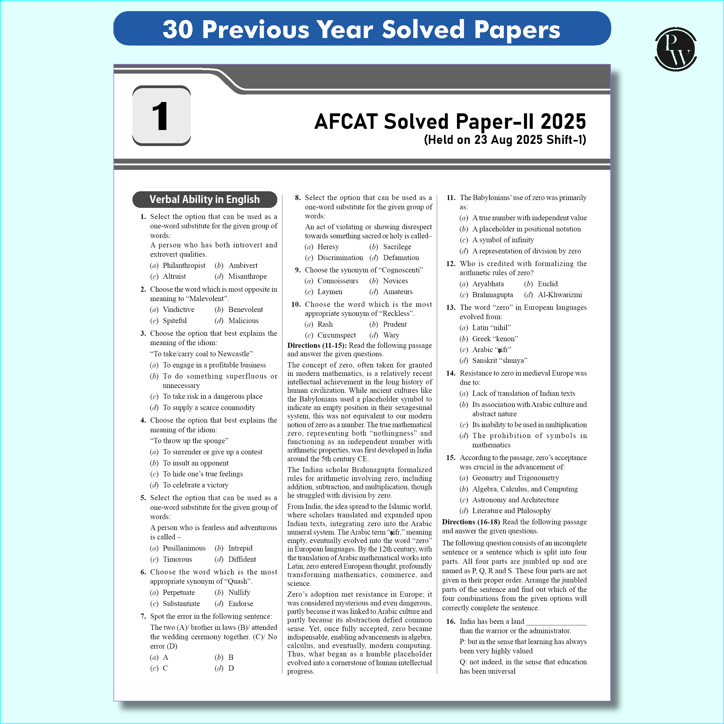 30 AFCAT Previous Years' Solved Papers (2025 - 2011) with August 2025 Paper For Flying, Technical & Ground Duty (Non-Technical) Branches 2026 Exam | PYQs | 10 Practice Sets