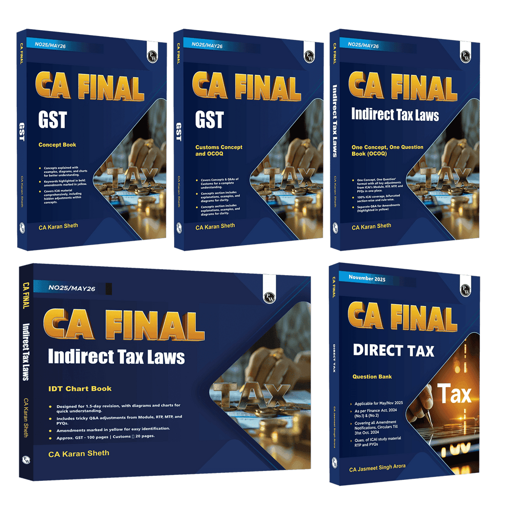 CA Final Group 2 Combo Set of 5 Books-Indirect Tax Laws GST Concept, Customs, IDT Chart, One Concept, One Question (OCOQ) Q&A By CA Karan Sheth, Direct Tax Question Bank By CA Jasmeet Singh