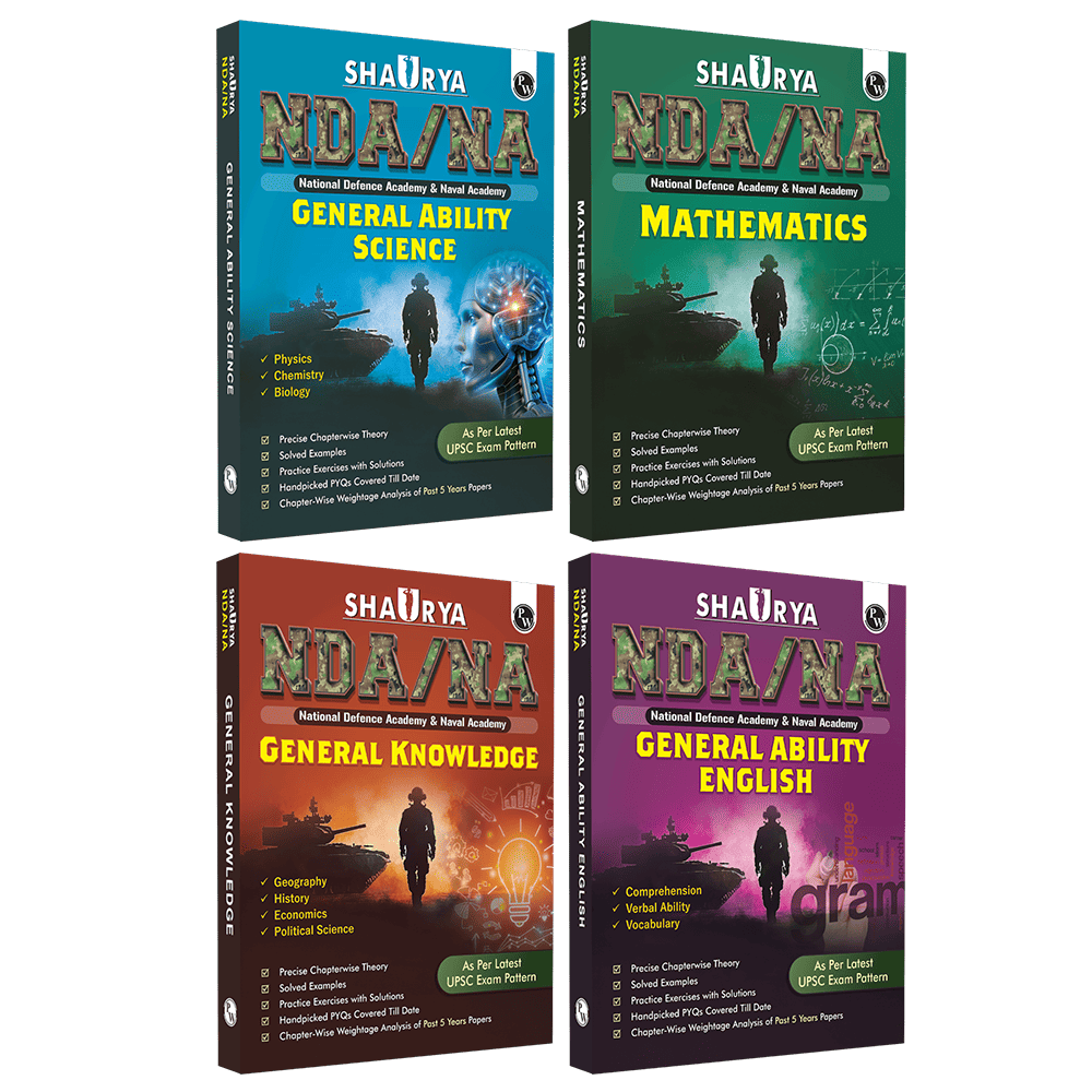Shaurya NDA/NA Mathematics, General Ability Science, English and General Knowledge Combo Set of 4 Books with Latest 2025 Solved Paper For 2025-26