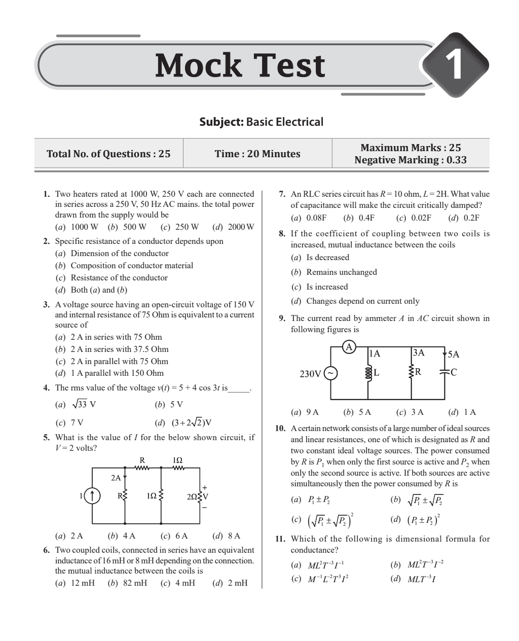 SSC JE Mock Test Electrical Paper- I, 6 Subject wise Mock tests and 5 Full length Tests, Fresh 1200+ Questions based on new SSC JE exam pattern