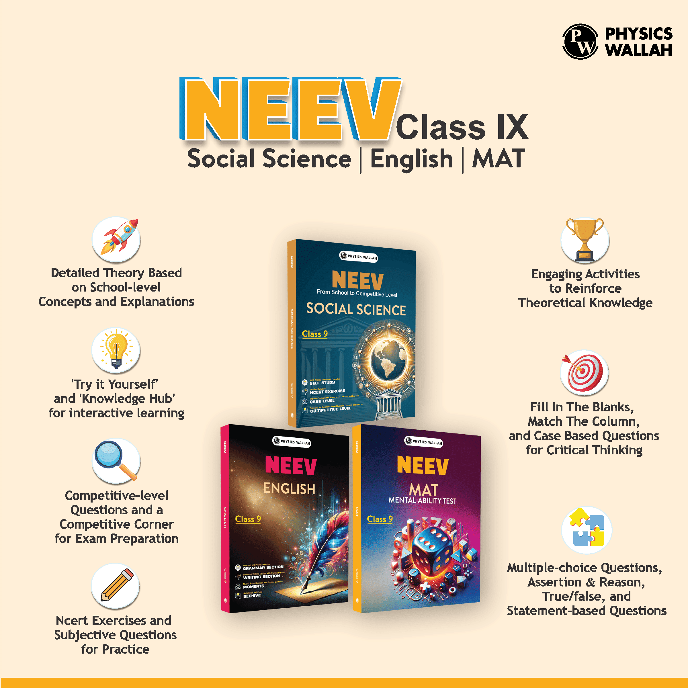 NEEV For Class 9 Social Science, English, MAT Combo Set of 3 Books (2025 Edition)